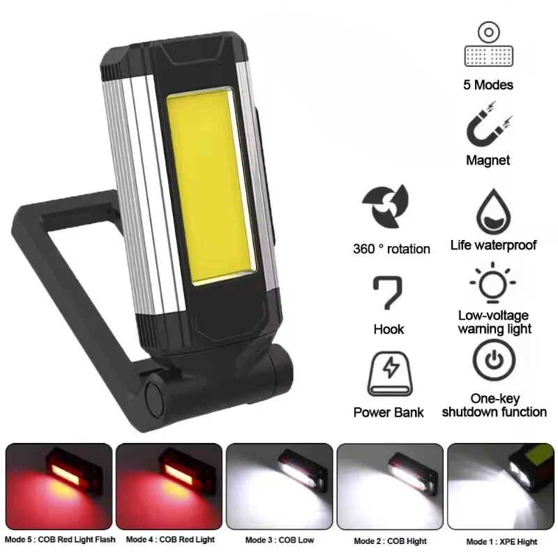 New Magnetic COB Work Light – USB Rechargeable LED Flashlight, Portable Camping Lantern, Type-C Power Bank Function, 360° Foldab