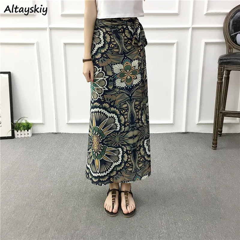 Holiday Skirts for Women Summer All-match Young Girls Clothing Elegant Female Chic High Waist Lace-up Niche Printed Personality