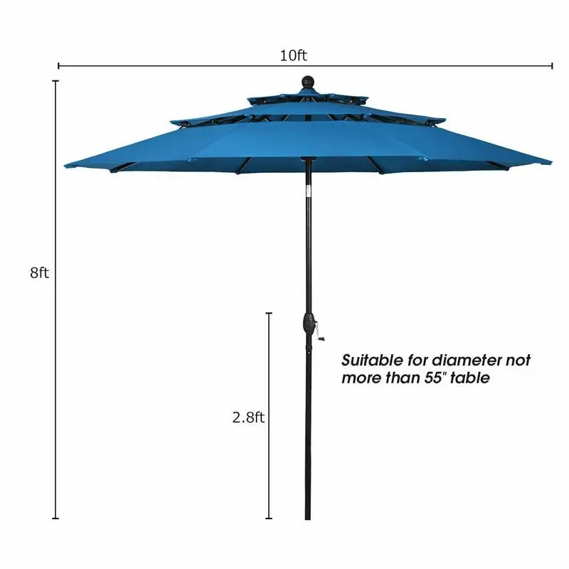 

10' 3 Tier Patio Umbrella Aluminum Sunshade Shelter Double Vented without Base-Blue