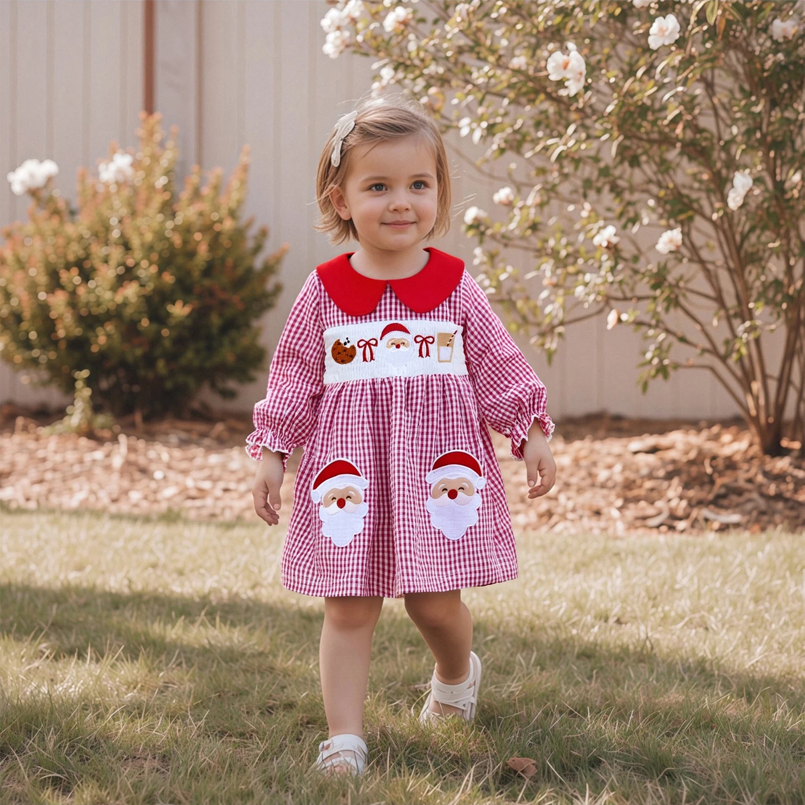FOCUSNORM 0-5Y فستان جميل للفتيات الصغيرات لعيد الميلاد بياقة دمية سانتا مطرز منقوشة مطبوعة بأكمام طويلة فستان بأكمام فقاعية #1