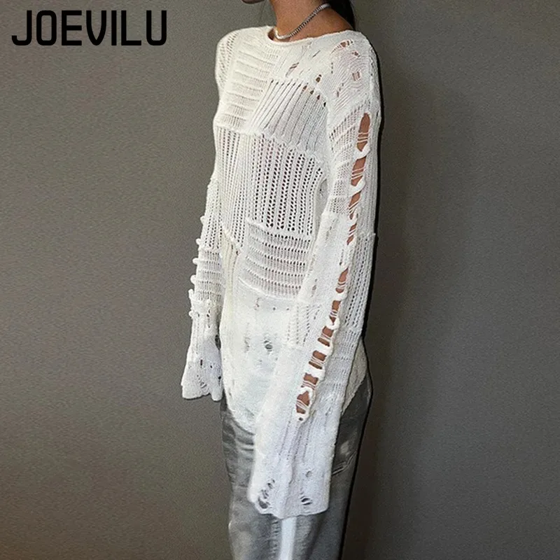 Suéter de punto hueco gótico vintage para mujer con agujeros rasgados Estilo Grunge Y2K Top de verano holgado de manga larga fino en negro