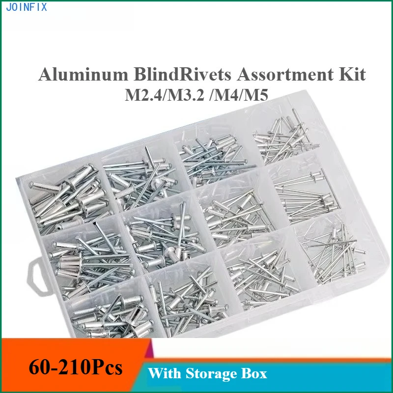 60-210Pcs Aluminum Blind Rivets Assortment Kit M2.4 /3.2 /4/5 with Plastic Storage Box, Pop Rivets Set for Automotive DIY Repair