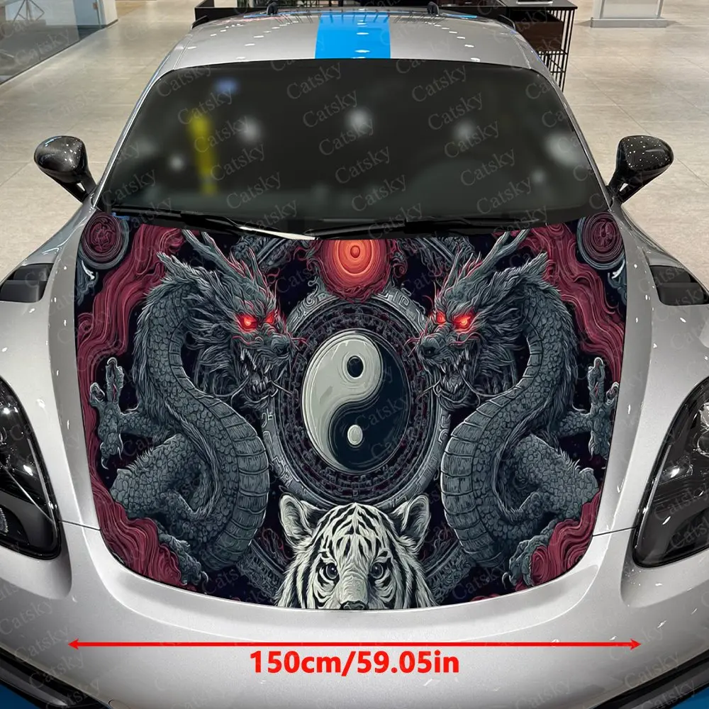 Dragon & Tiger Confrontation Car Vinyl Wrap, PVC Material Waterproof Car Hood Sticker, Self-Adhesive Scratch-Resistant Stickers