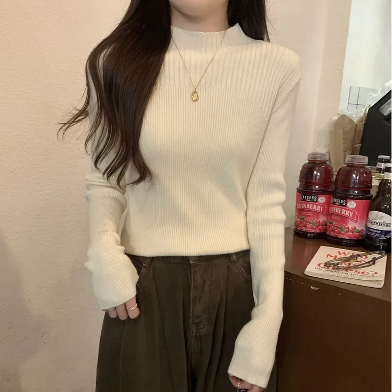 Fashion Stand Collar Knit Sweater Women Pullovers Long Sleeve Knitted Sweater Pullover Women Tops Knitwears Women Clothing M886