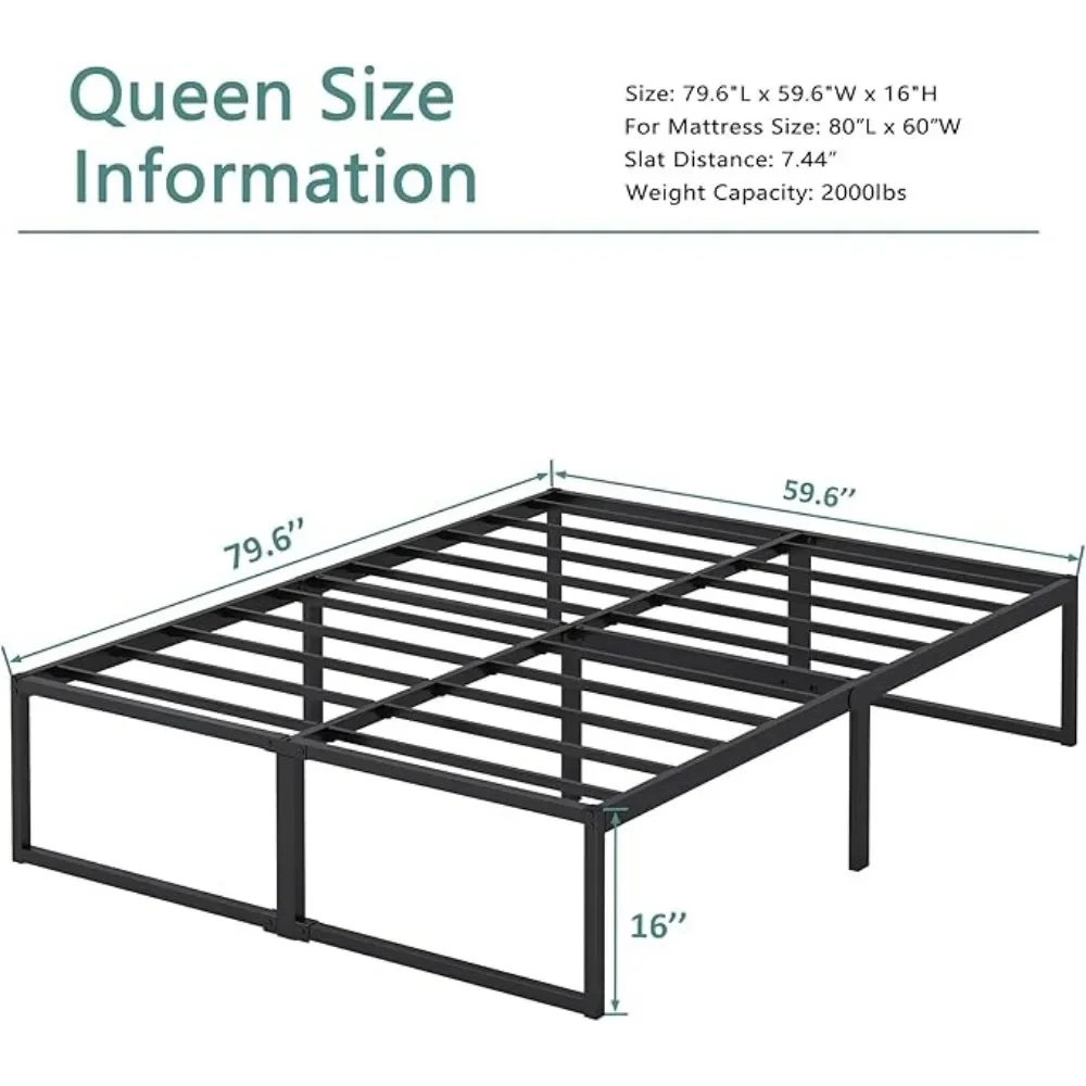 16 Inch Bed Frame, No Box Spring Needed, Heavy Duty Metal Platform Queen Size Bed Frame, Strong Steel Slats Support