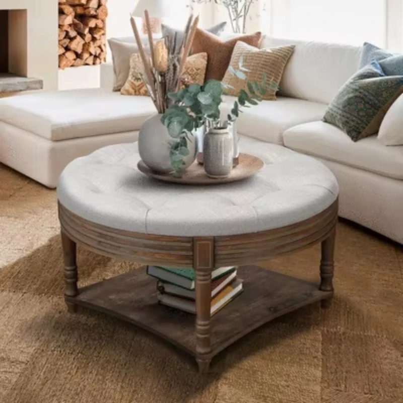 Large round waterproof coffee table with wooden storage rack on 2 layers