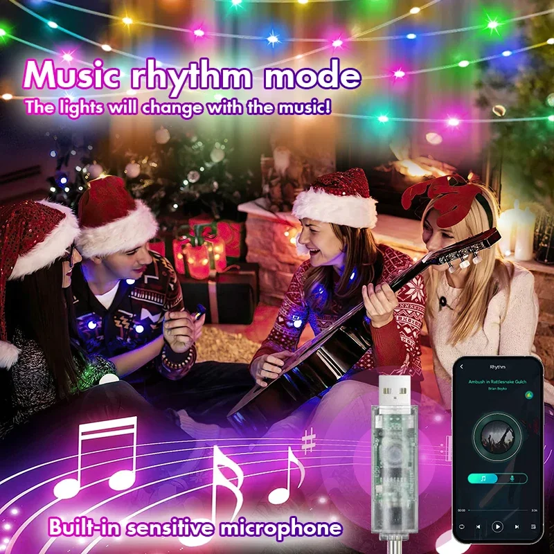 Natal Fairy String Luzes LED, controle de aplicativos, guirlanda inteligente, regulável Music Sync, Xmas Tree, lâmpada de decoração de ano novo, 30m