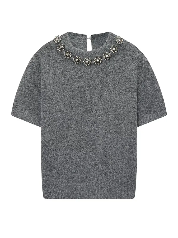 

HH Trendy Women Spring Round Neck Jewelry Beaded Short Sleeve Sweater Female High Street Casual Solid Color Pullover Sweater