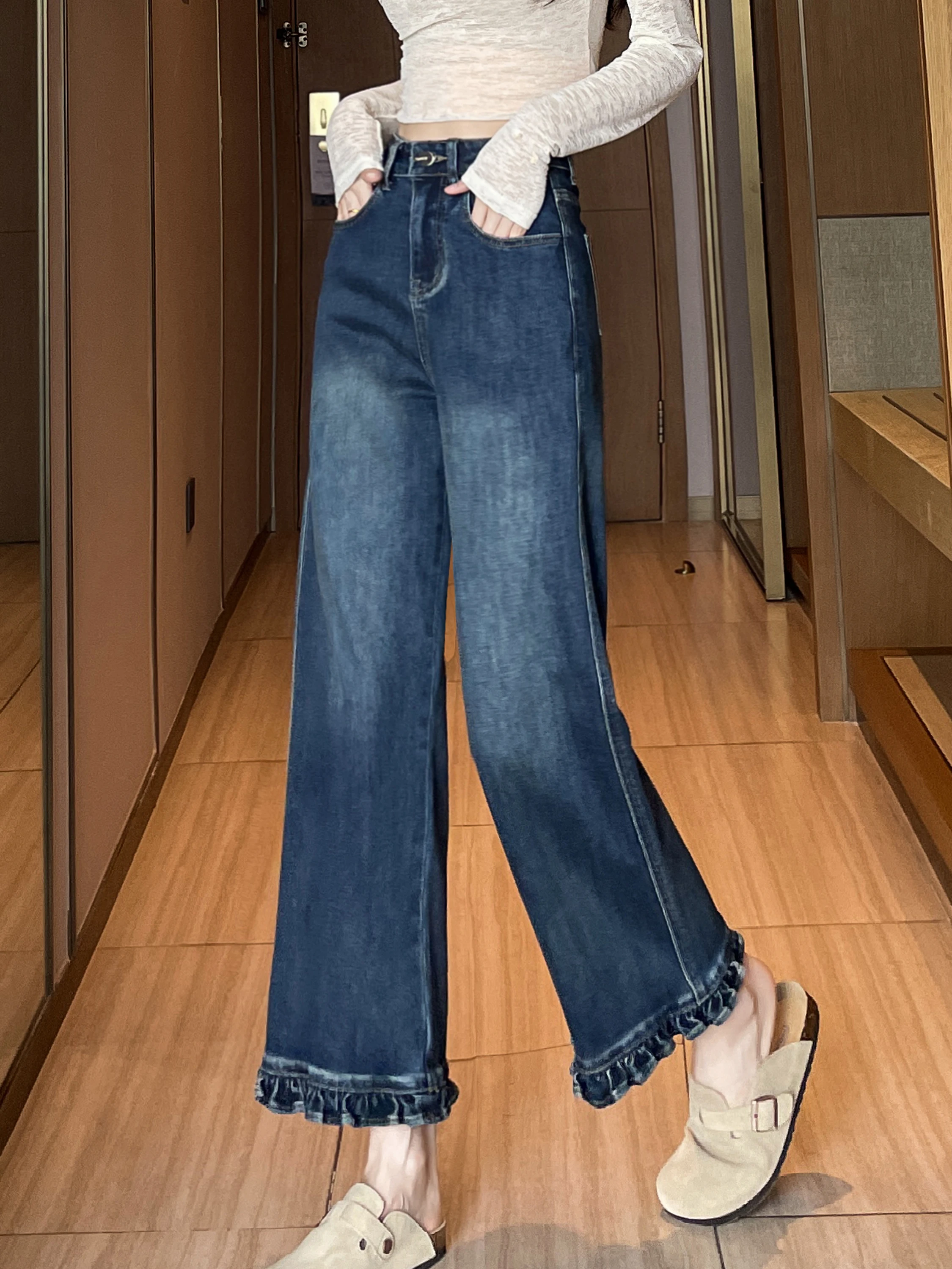 Niebieskie dżinsy z falbanką na dole, damskie, z wysokim stanem, wyszczuplające, proste, długość 7/8, spodnie z szerokimi nogawkami, nowość na zimę, eleganckie, do pracy.