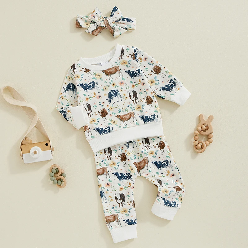 2024-06-26 Lioraitiin Baby Girl 3Pcs Western Outfits Long Sleeve Cow Print Tops + Pants + Headband Set Toddler Clothes