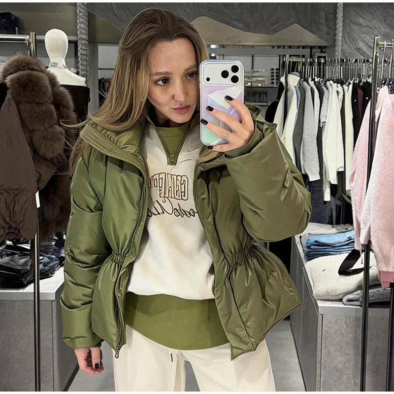 Glossy Stand‑Collar Drawstring Waist Back Zip‑Up Puffer Coat 2026 Winter Women Warm Padded Jacket Trendy Lady Cotton‑Padded Coat