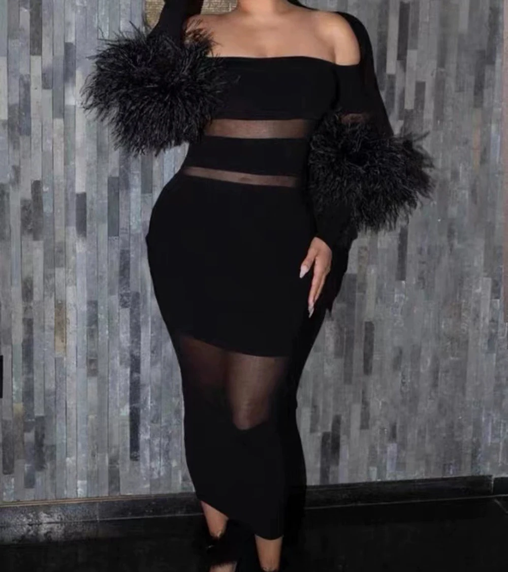 

Women's long-sleeved new 2025 splicing mesh feather one-shoulder sexy tight bandage dress-GZXX1078