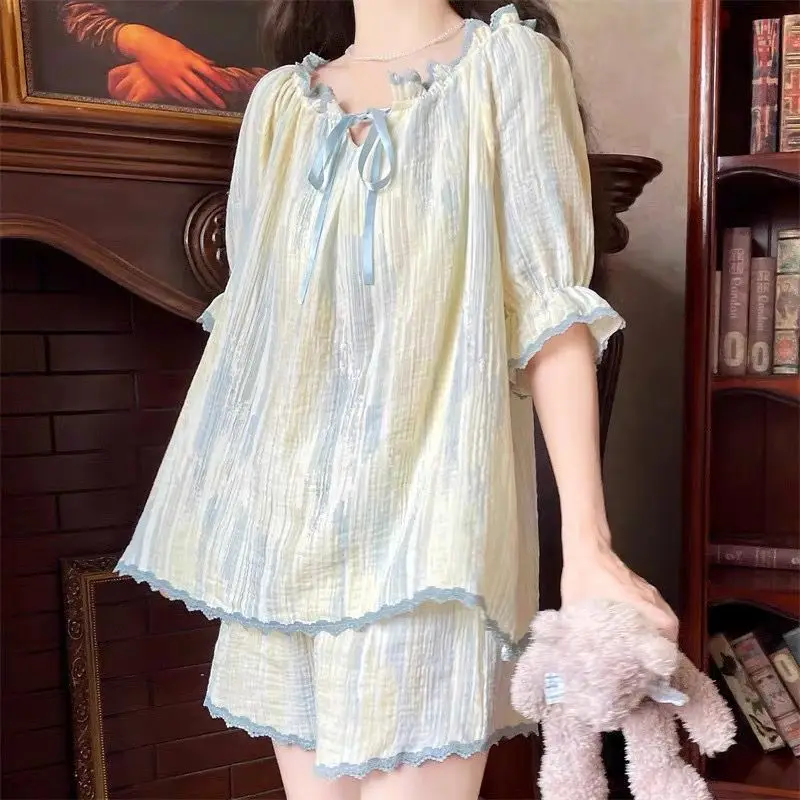 Tie Dye Women Pajamas Sets for Home Summer Print Sleepwear Shorts Sleeve Bow 2 Pieces Lace Night Wears Korean Home Suit 2024 New