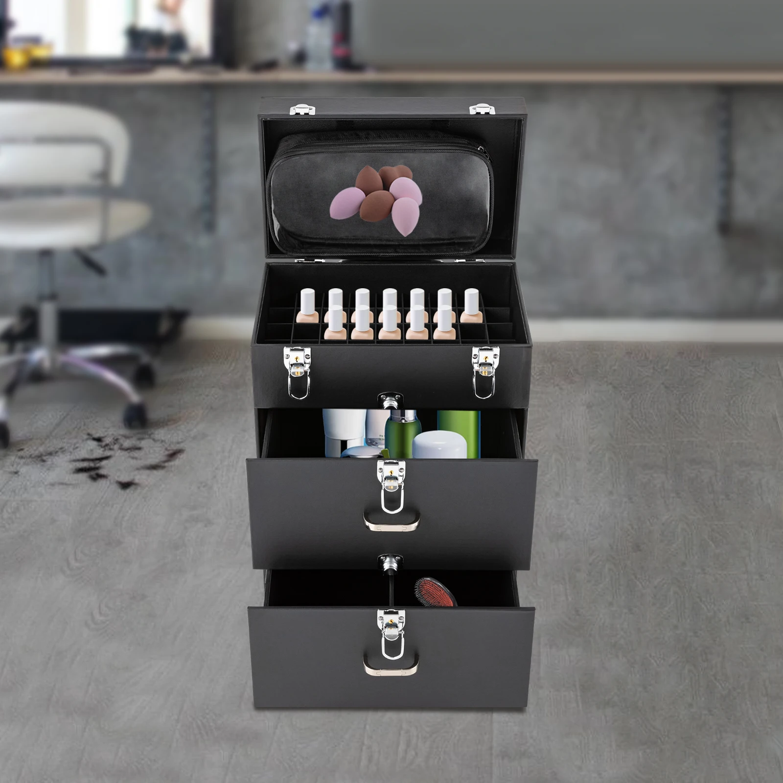 Rolling Makeup Train Case Large Makeup Trolley Case with Silent Universal Wheels & Telescopic Handle Professional Cosmetic Storage Organizer with Multi-layer Trays & Locks for Makeup Artists Nail Tech view 5