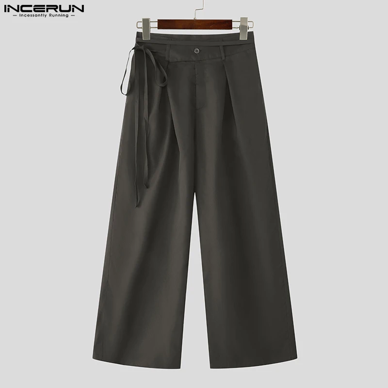 

INCERUN Men Pants Solid Color Button Joggers Loose Casual Wide Leg Trousers Men Streetwear 2025 Pleated Fashion Long Pants S-5XL