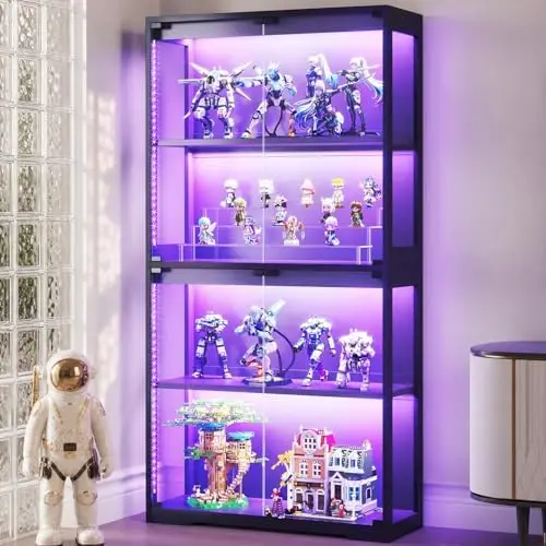 Glass Display Cabinet with Glass Doors, RGB Light Display Case, 4-Tier Storage Cabinet Display Shelf for Showcase