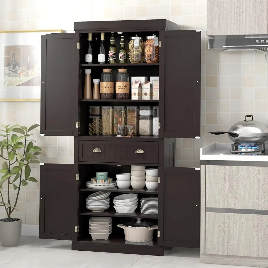 72 Tall Kitchen Pantry Cabinet Wood Storage Cupboard w 4 Adjustable Shelves 2 Cabinets Drawer Utility Freestanding Storage Cabi
