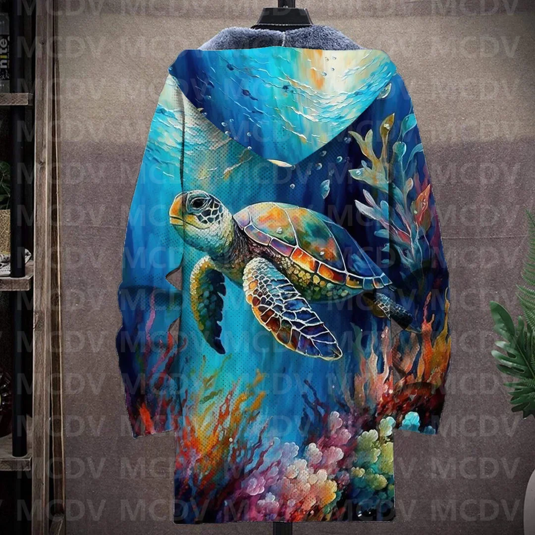 Men's Retro Print Plush Thick Long-Sleeved Coat Cardigan Sea Turtle 3D Prined Fleece Hooded Overcoat Unisex Thick Warm Jacket