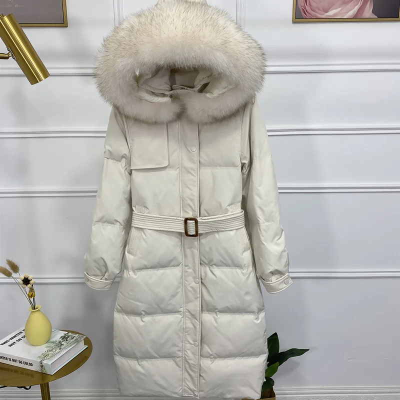 Chaqueta de plumón de pato con capucha para mujer, abrigo largo grueso, cuello de piel de zorro Real, Parkas de plumas, ropa de invierno para mujer