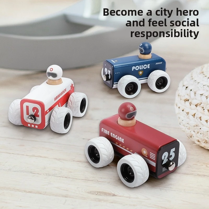 Giocattoli educativi in legno per bambini Personaggio Cognizione Fuoco Auto della polizia Ambulanza Auto da tirare in legno Celebrazione di compleanno