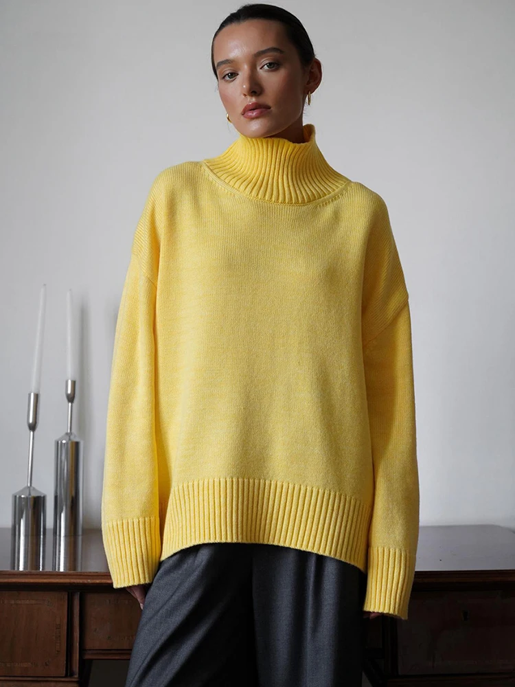 

Женский вязаный свитер на осень, свободный крой, с высоким воротником, повседневный, винтажный, мягкий, теплый, для города, женские свитера