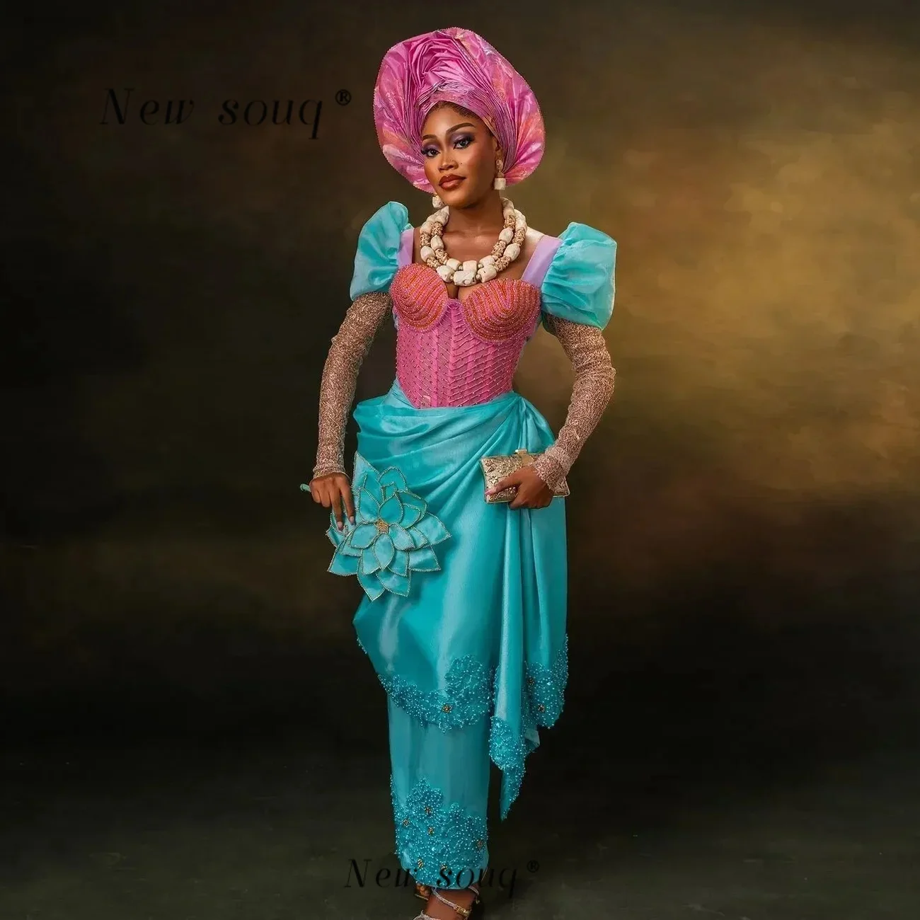 

Aso Ebi Blue African Traditional Wedding Party Dresses Customized Beaded Long Sleeves Nigerian Evening Gowns Plus Size