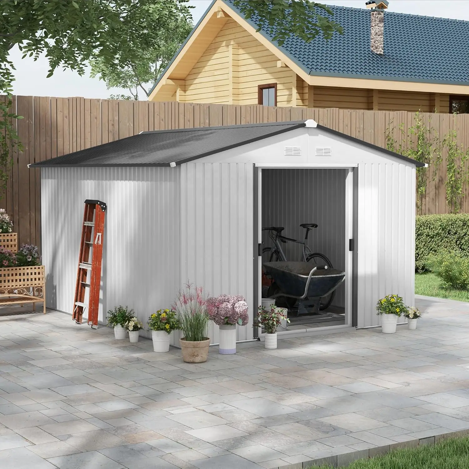 11' x 9' Outdoor Storage Shed, Garden Tool Metal Shed with Foundation Kit, Double Lockable Door, Air Vents and Sloping Roof