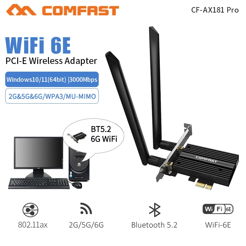 3000Mbps Tri Band Desktop PCIe Intel AX210 Pro Card Adaptador 802.11ax 2.4G/5Ghz/6Ghz Bluetooth 5.2 PCI Express WiFi 6 E Adapter