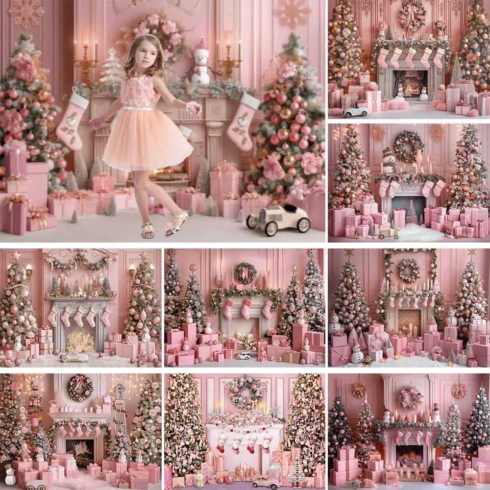 Mocsicka Christmas Pink Vintage Wall Backdrop for Photography Fireplace Xmas Tree Wreath Gift Box Girl Princess Photo Background