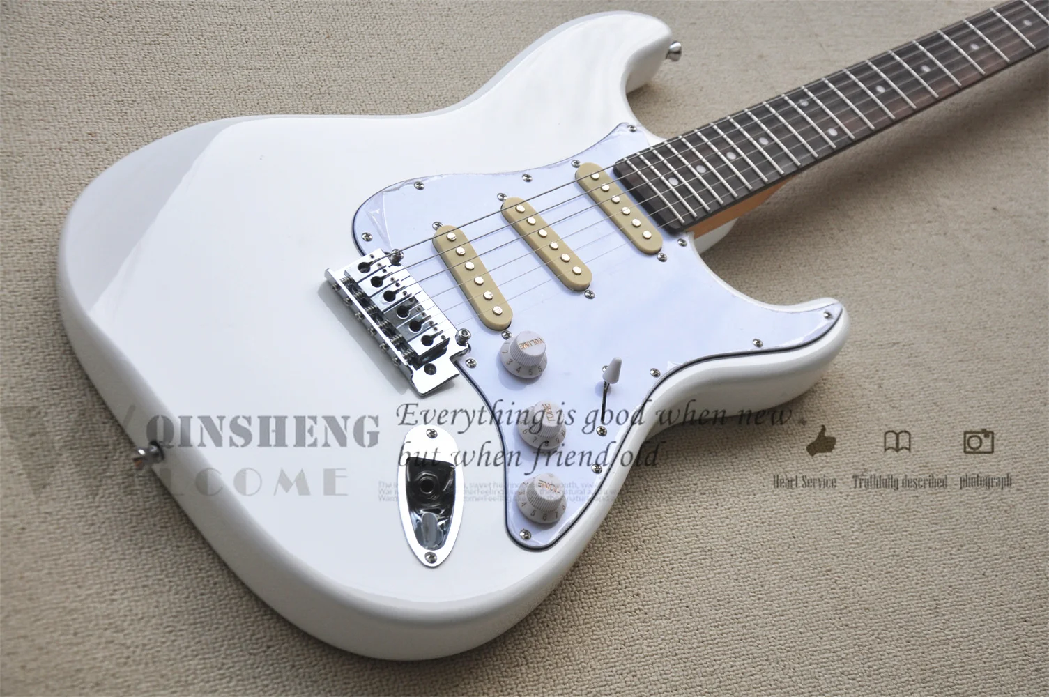 Factory Custom Electric Guitar ,Star Guitar,Milk White Body Yellow SSS Pickups Maple Neck,Tremolo Bridge