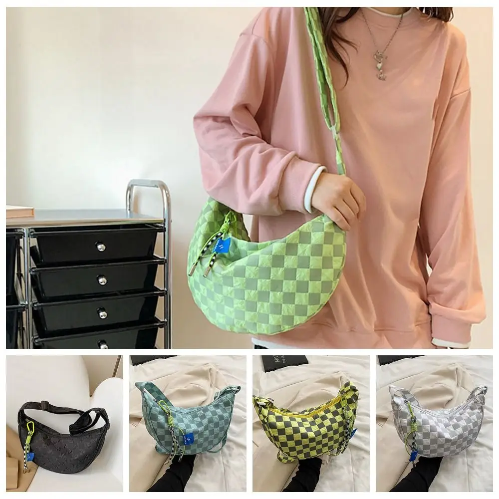 Elegant Dumpling Shape Half Moon Messenger Bag Grid Large Capacity Plaid Crossbody Shoulder Bag Nylon Ins Style Male/Female