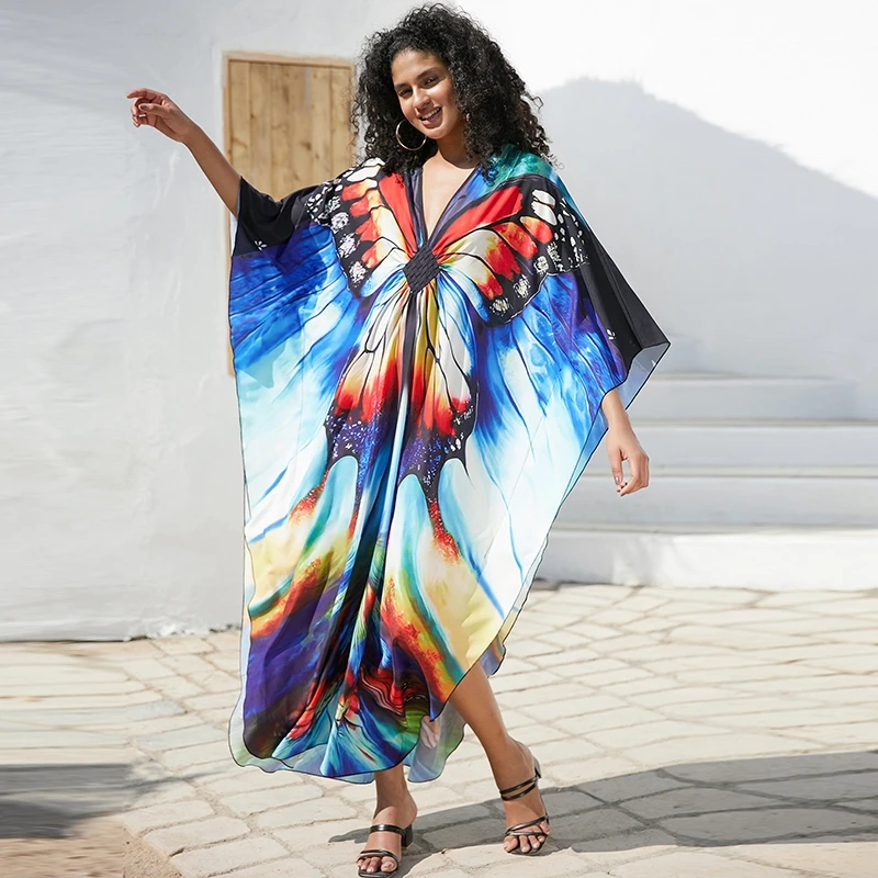 Farfalla manica lunga caftano scollo a V Tropical Fashion Chic Women Maxi Dress Dreamy Vivid Colorful caftano Boho Loose Cover Ups