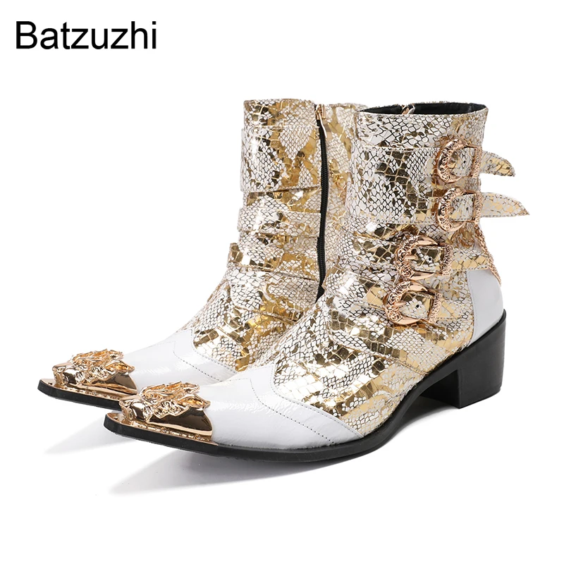 Batzuzhi Gold White Genuine Leather Ankle Boots for Men Pointed Toe 6.5cm Heels Fashion Personality Shoes Man!