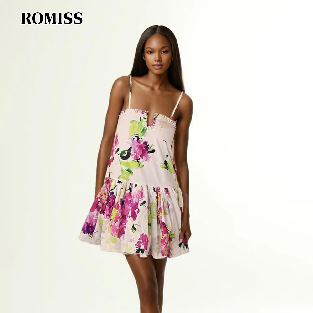 

ROMISS Print Camisole Dresses For Women Square Collar Sleeveless Backless High Waist Spliced Ruffled Hit Color Dress Female