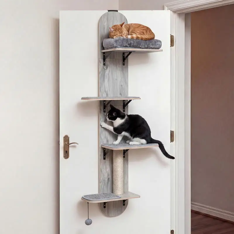 Door Hanging Cat Climber, 5-Level Height Adjustable Cat Tree with Sisal Scratching Posts, Plush Perch Beds, Solid Plywood Boards, Sturdy Metal Brackets for Indoor Cats, Gray