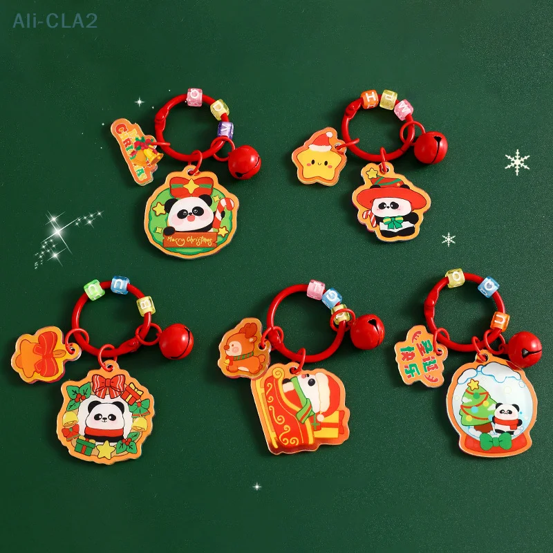 Sweet Creative Christmas Panda Acrylic Keychains Cute Car Keyring For Women Girls Earphone Case Charm Bag Decoration Accessories