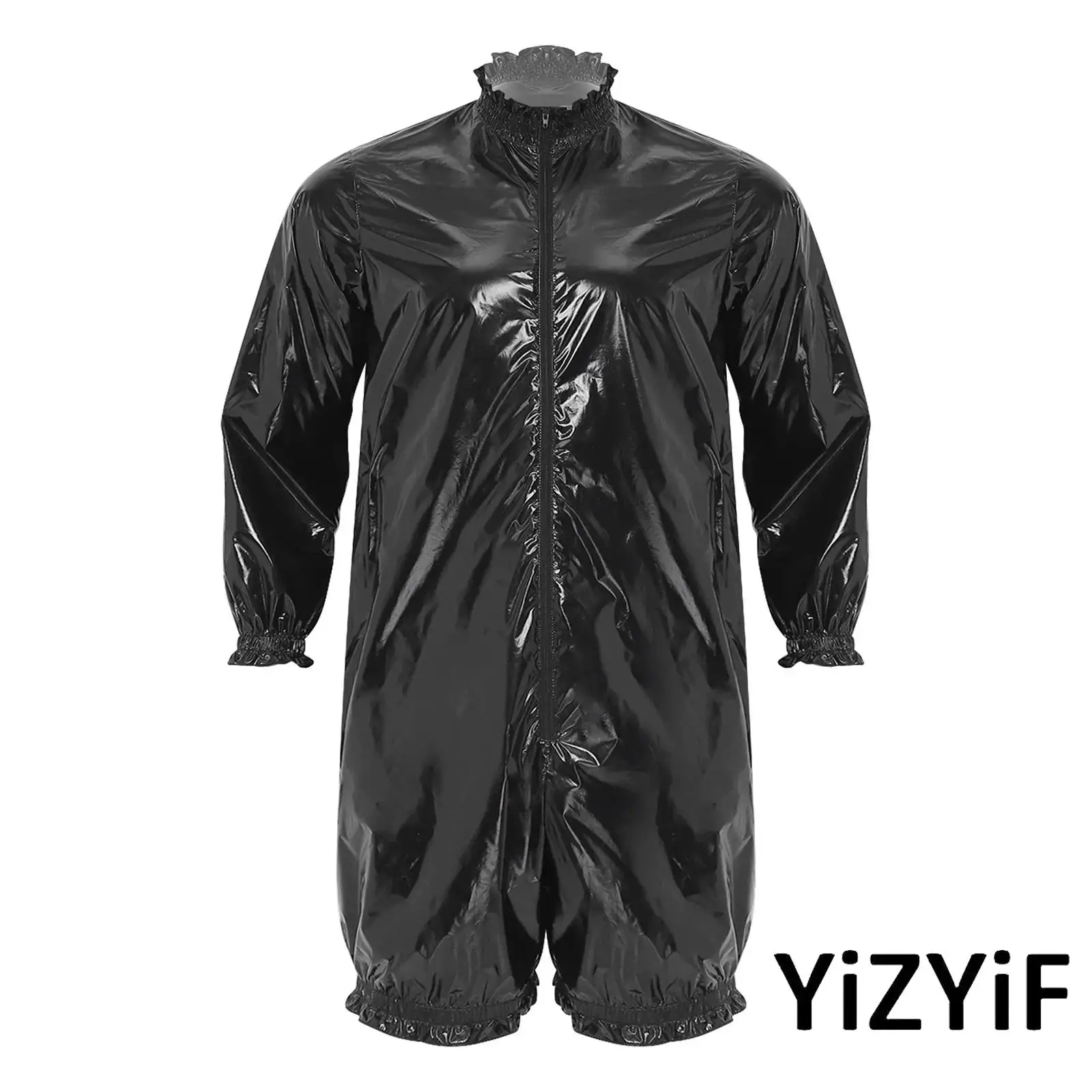 Nuevo mono de vinilo impermeable de manga larga para hombre, con cuello simulado, cremallera frontal, pantalón corto, leotardo con volantes, ropa de club.