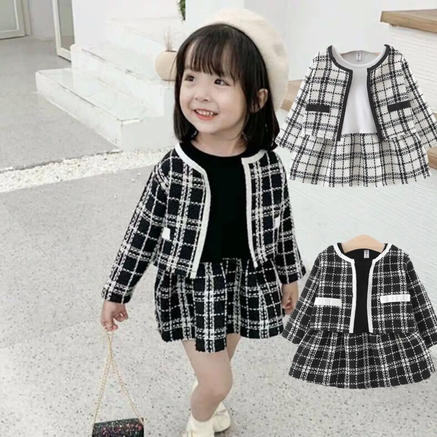 2023 Spring Girls Fashion 2pcs Plaid Suit Baby Kids Children Clothing Set Including Coat+ Dress