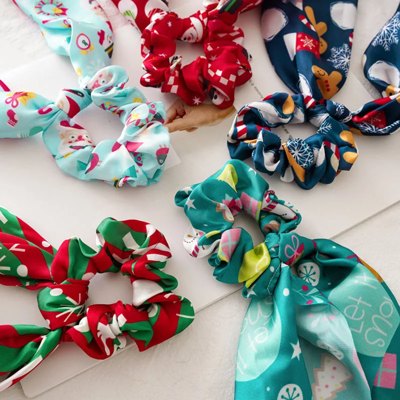 

Christmas Print Scrunchies Chiffon Bow Elastic Hair Bands Women Hair Ties Rubber Bands Ponytail Scarf Fashion Hair Accessories