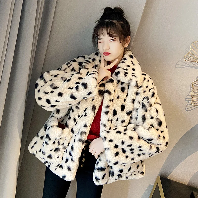 

Fashion Korean Loose Cashmere Women's Imitation Fur Leopard Coat Autumn Winter New Plush Short Overcoat Female Cropped Jacket