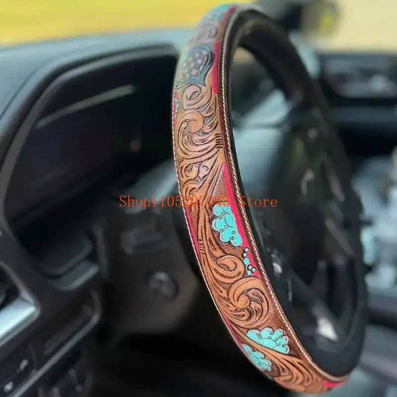 37cd Artistic Hand Daubed Leather Steering Cover Western Plan Strengthened Grip Management Easy Arrange Global Size