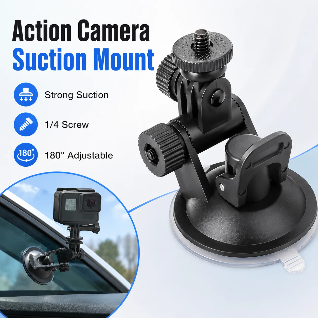 Car Suction Cup Mount 1/4 Screw Windshield Holder 180 Adjustable Glass Stand for Action Camera Dash Cam DVR Recorder