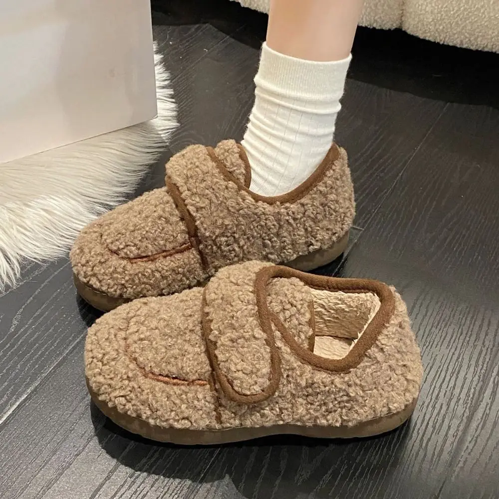 Cabeça redonda chinelos quentes antiderrapante casual chinelos de inverno feminino sola macia interior ao ar livre chinelos de lã de cordeiro ao ar livre