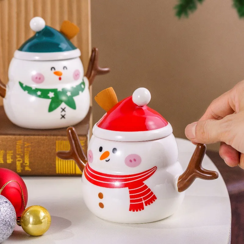 480ML Christmas Ceramic Cup Cartoon Snowman Mug Afternoon Camellia Flower Tea Cup Large Capacity Breakfast Mug Christmas Gifts