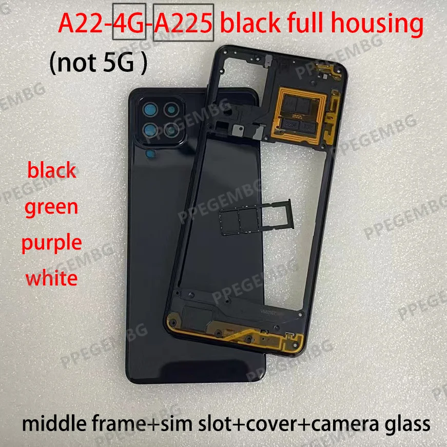 NEW A22 4G For Samsung Galaxy A225 A22 4g Phone Housing Rear Door Battery Back Cover Middle Frame Case Plate Bezel Sim Slot Tray