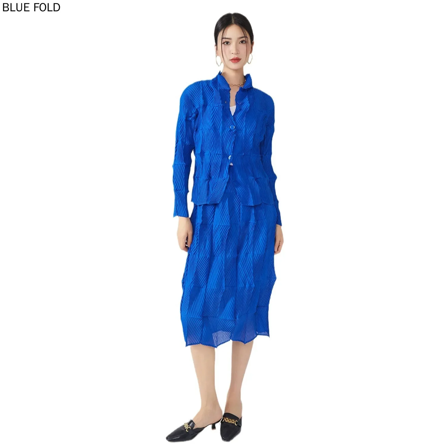 Miyake Falda de traje plisada para mujer, camisa de un solo pecho, falda recta, gama alta, elegante, otoño e invierno, conjunto de 2 piezas