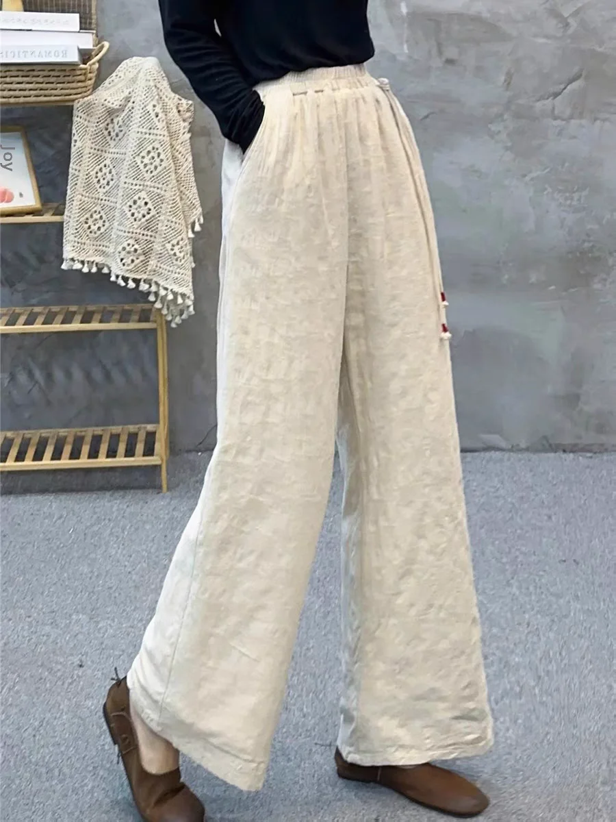 티엔드 코튼 팬츠 여성용 하이웨이스트 와이드 레그 팬츠 겨울 아우터웨어 스트레이트 레그 롱 팬츠 플로럴 자수 디자인