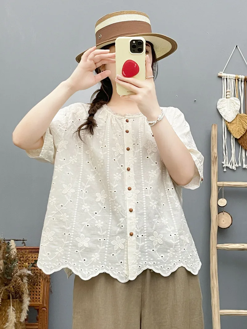 New 2026 Summer Women Cotton Short Sleeve Shirt, Stand Embroidery, Mori Girl Fashion OL Commute Versatile Loose Blouse T66125CC 4