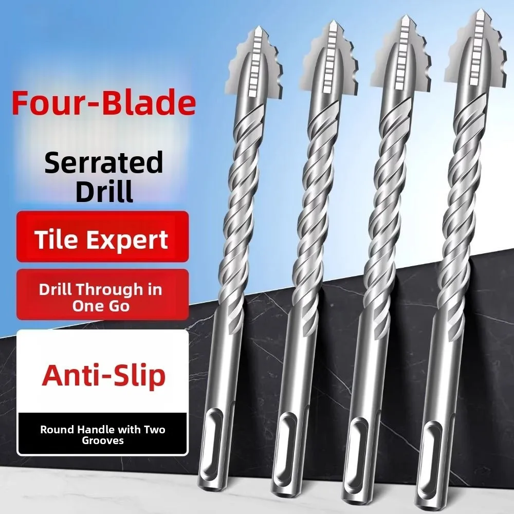 

2/3/4/5Pcs Four-Edged Eccentric Drill Serrated Round Shank Serrated Tooth Drill Bit High Hardness Tile Drill Bit Drilling Tool