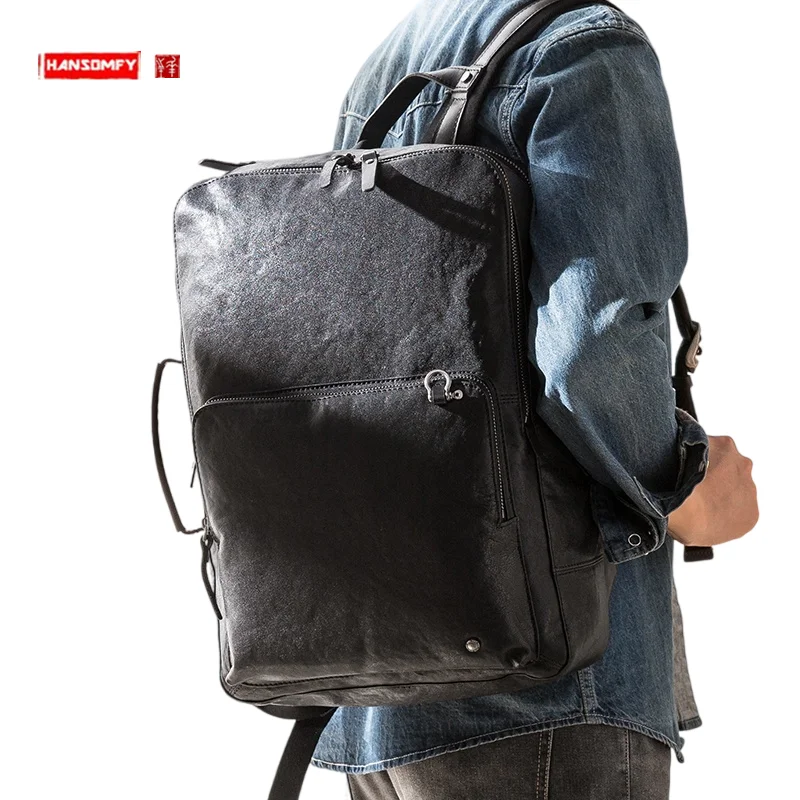 New Men's Trendy Leather Backpack First Layer Cowhide Travel Backpack Fashion Schoolbag Korean Style Youth Computer Bag